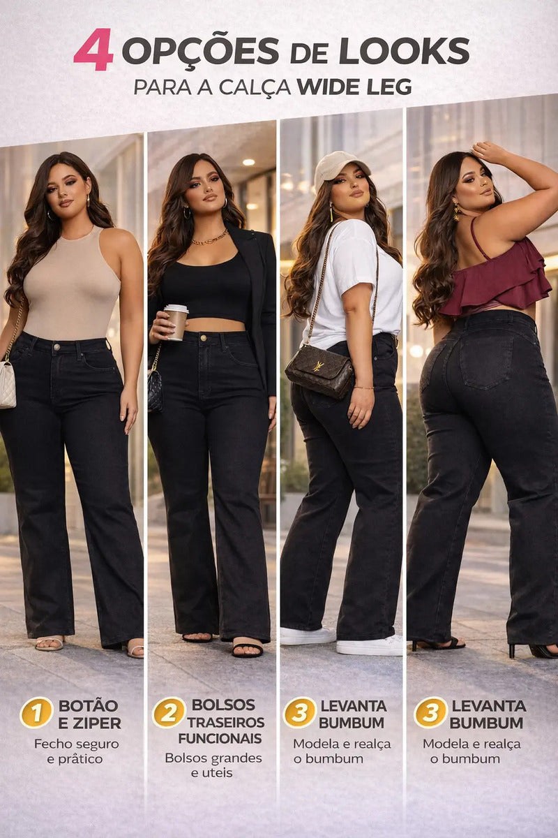 Calça Plus Size Jeans Feminina Wide Leg Levanta Bumbum