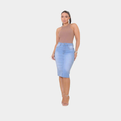 Saia Jeans Feminina Evangelica Cintura Alta Midi