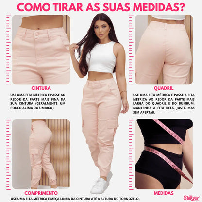 Calça Cargo Jogger Jeans Feminina Cintura Alta Com Lycra
