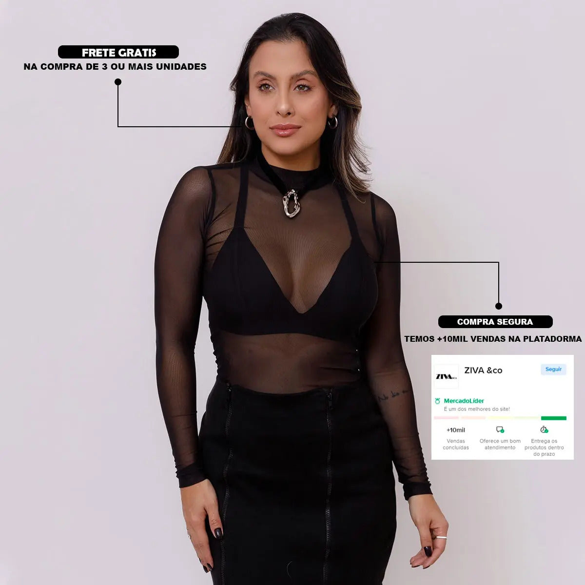Blusa Tule Transparente Feminina Segunda Pele Manga Longa