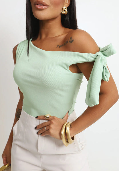Cropped Feminino Blusa Moderno Manga Laço Amarração