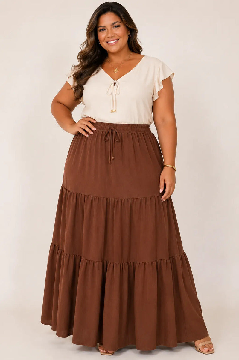 Saia Longa Com Babado Estica Bastante Veste 44 - 52 Elegante