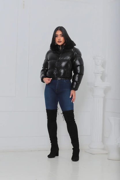 Jaqueta Feminina De Inverno Cropped Dupla Face Com Capuz