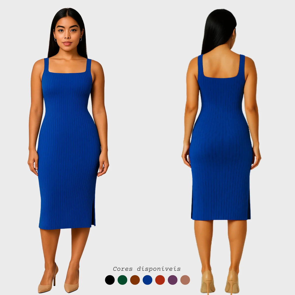 Vestido Midi Canelado Premium Com Alça E Fendas Casual Básico