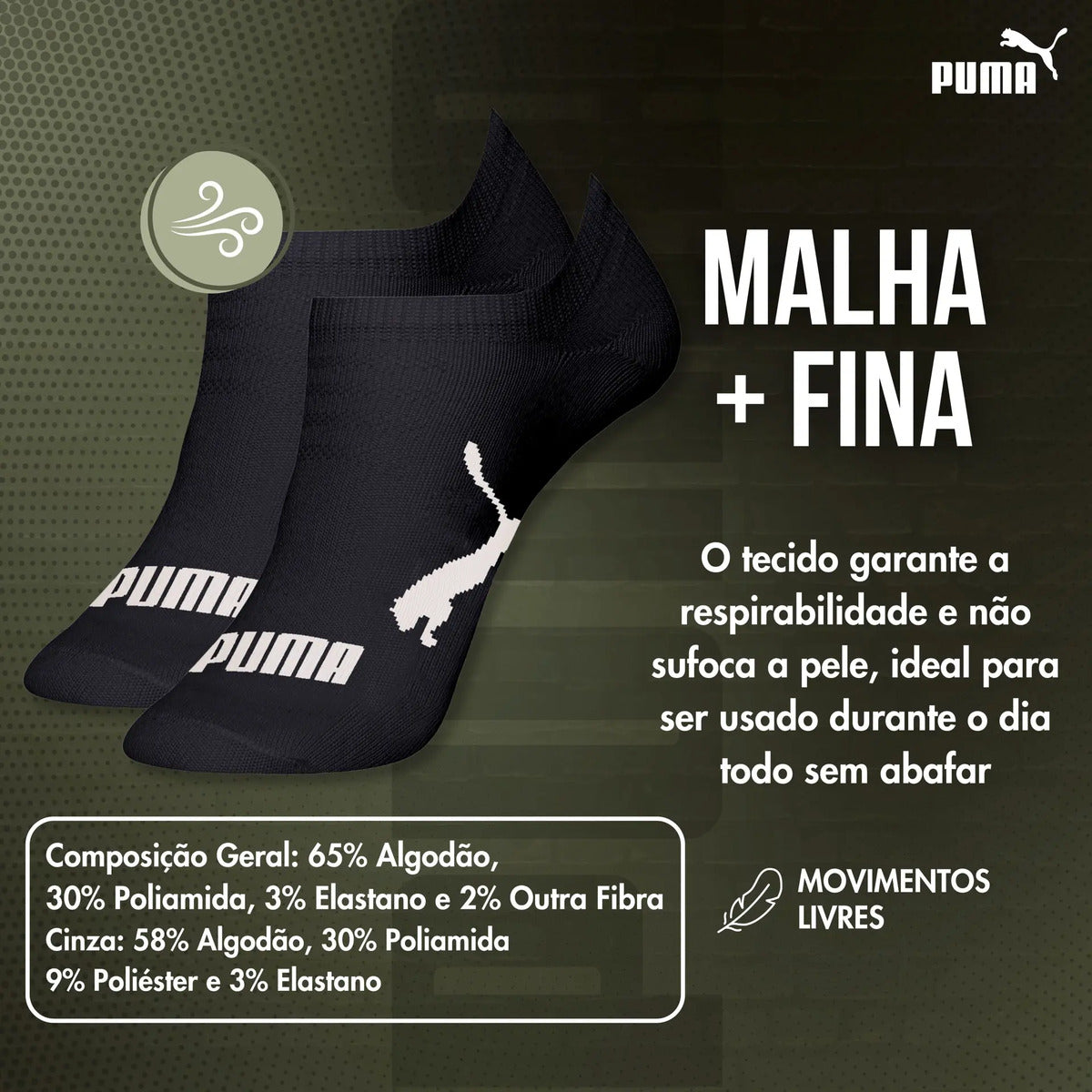 Kit 9 Pares Meias Invisível Puma Sapatilha Soquete Original