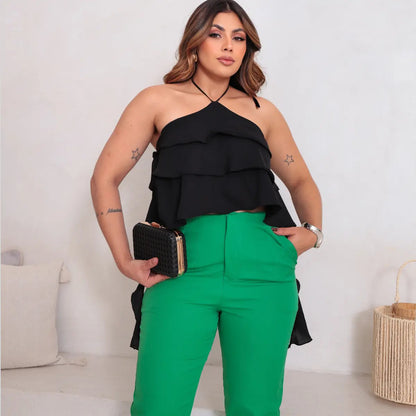Calça Feminina Alfaiataria Social Cintura Alta Trabalho Leve