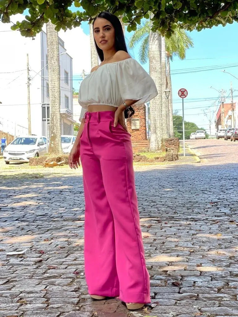 Calça Pantalona Alfaiataria Wide Leg Social Cintura Alta