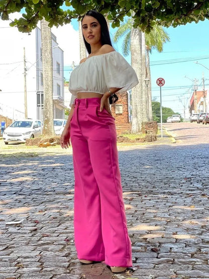 Calça Pantalona Alfaiataria Wide Leg Social Cintura Alta