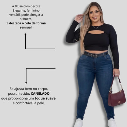Cropped Feminino Plus Size Manga Longa Com Decote