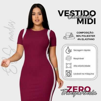 Vestido Canelado Curto Com Manga Casual Básico Modelador