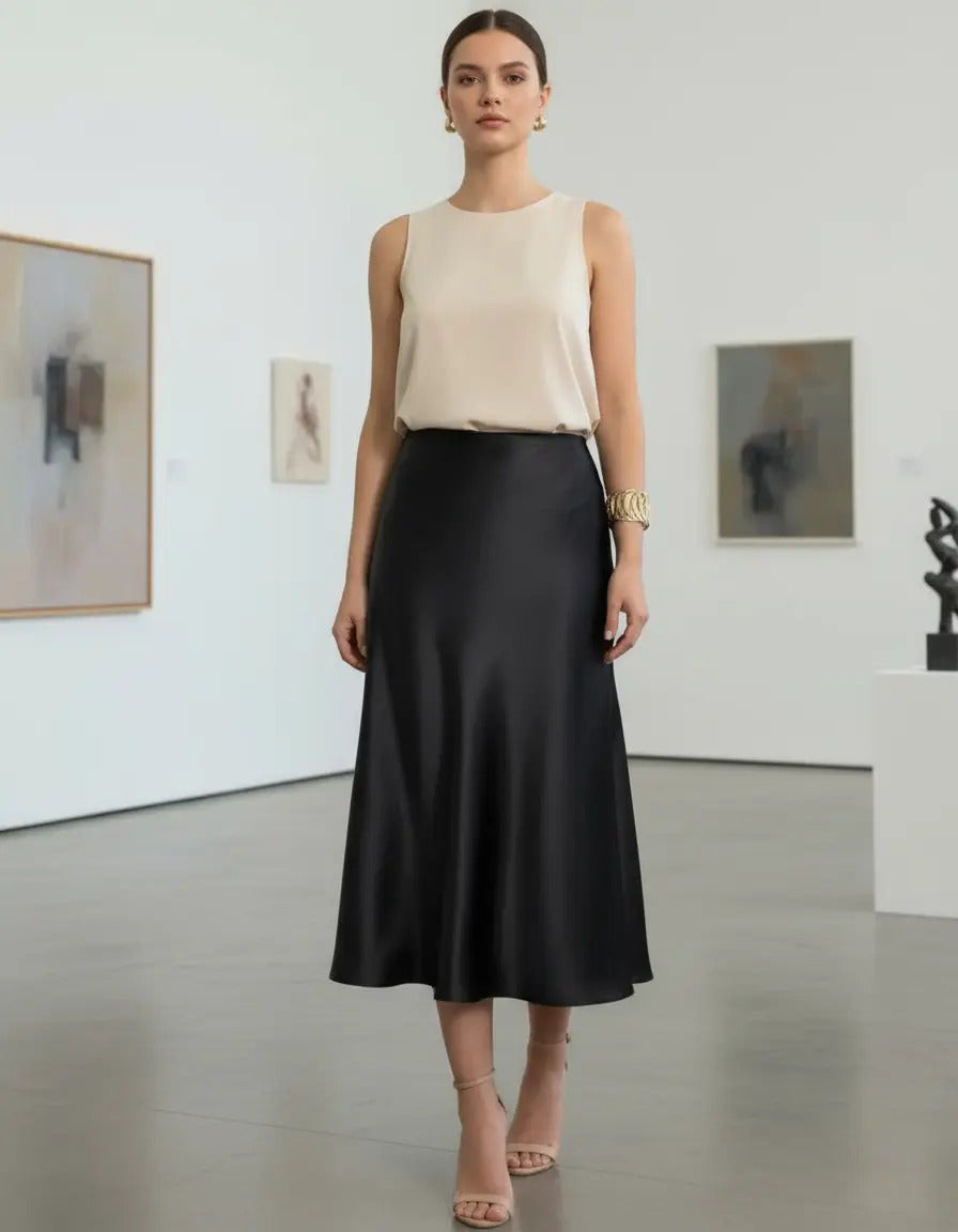 Saia Cetim Feminina Midi Brilho Moda Elegante Full