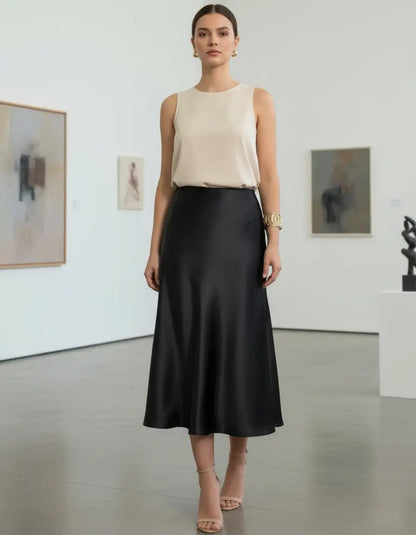 Saia Cetim Feminina Midi Brilho Moda Elegante Full