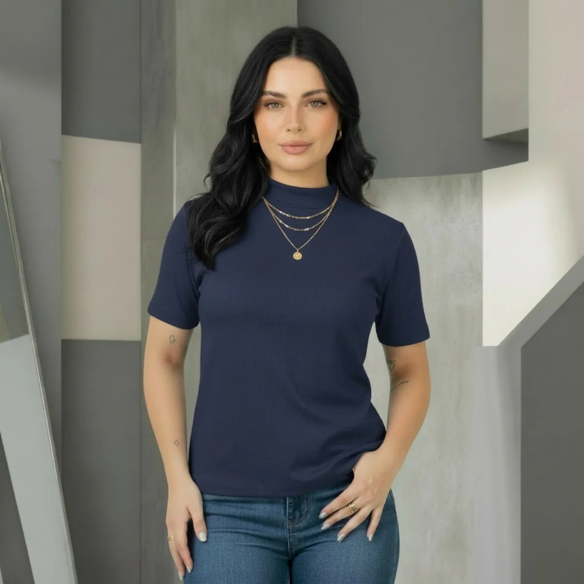 Kit 2 Blusas Camiseta Feminina T Shirt Gola Alta Inverno
