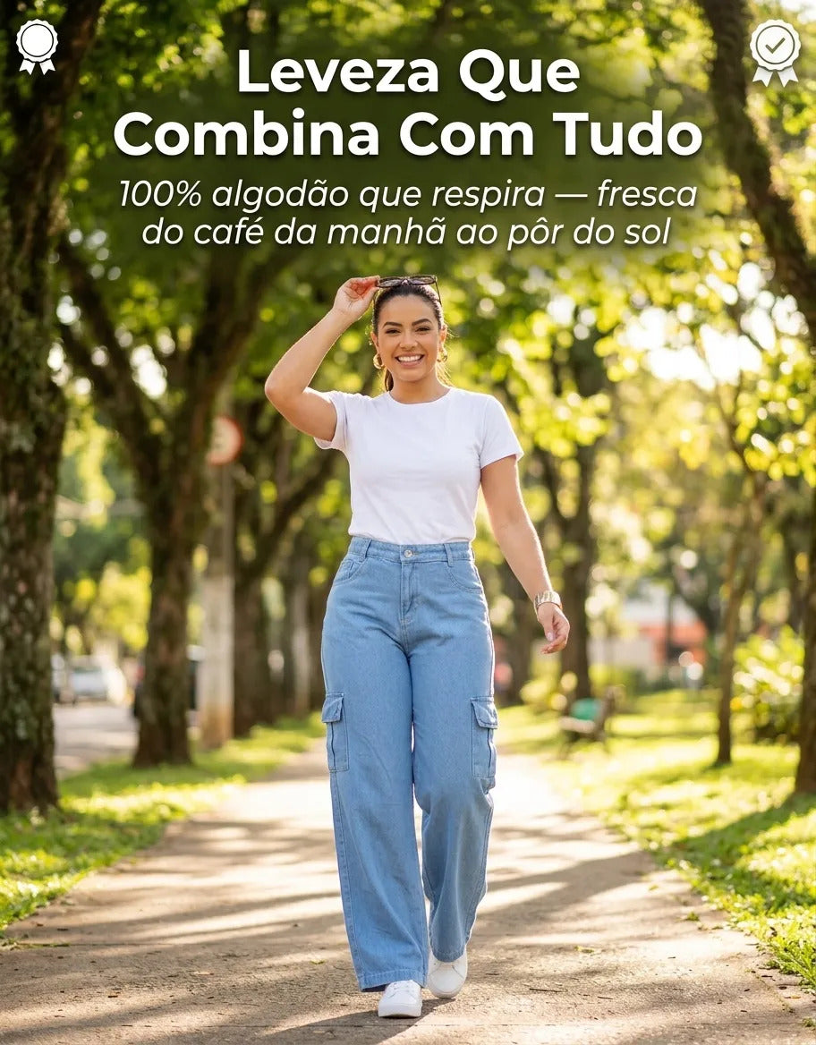 Calça Cargo Feminina Wide Leg Cintura Alta Jeans  Stillger
