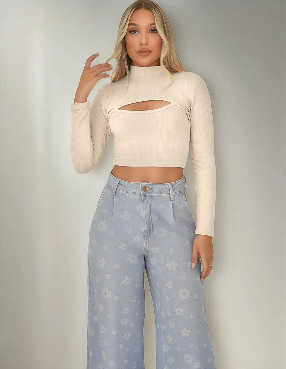 Cropped Gringa Manga Longa Blusinha Blogueira Gola Alta