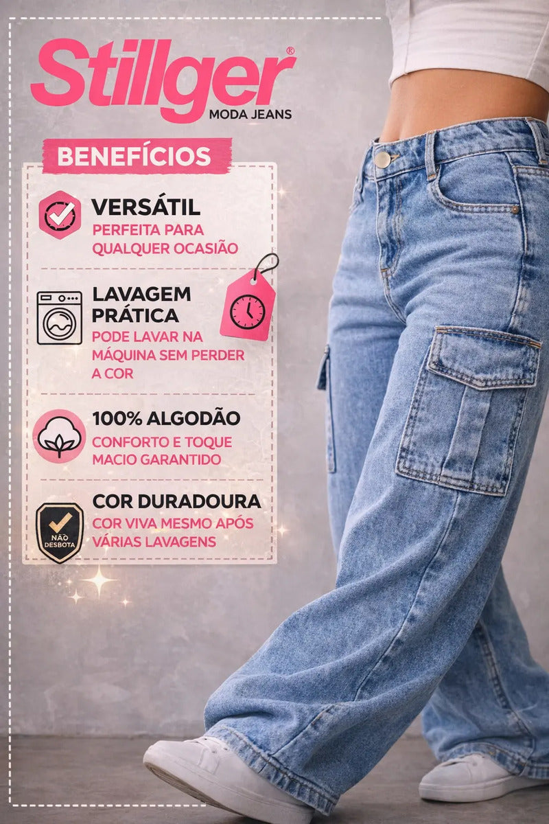 Calça Cargo Feminina Wide Leg Cintura Alta Jeans  Stillger