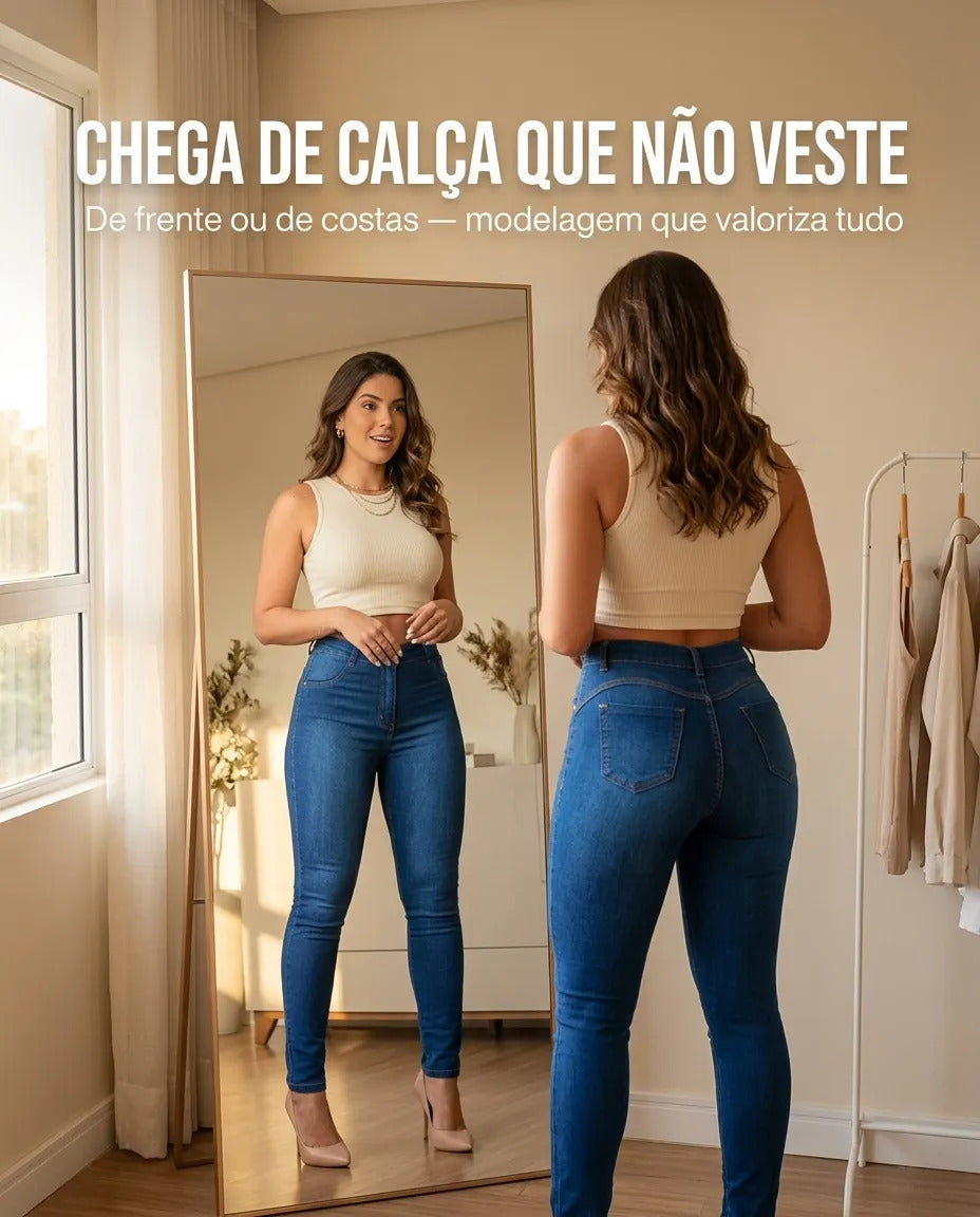 Calça Feminina Jeans Cintura Alta Skinny Levanta Bumbum