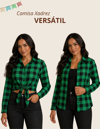 Camisa Xadrez Longa Blusa Manga Festa Junina Social De Botão