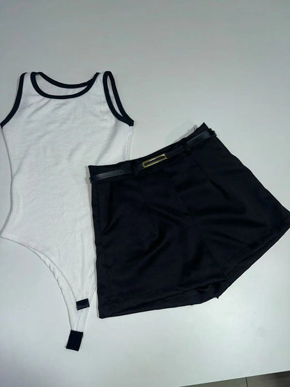 Kit Short Alfaiataria Body Canelado Feminino Liso