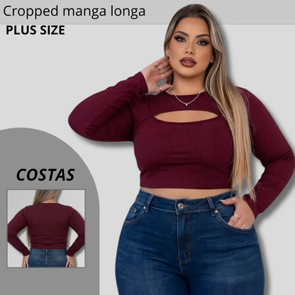 Cropped Feminino Plus Size Manga Longa Com Decote