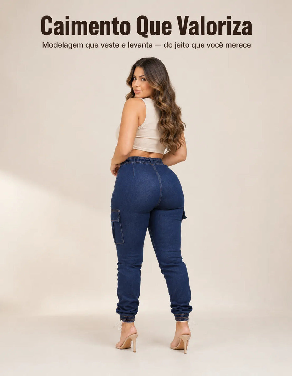 Calça Cargo Jogger Jeans Feminina Cintura Alta Com Lycra