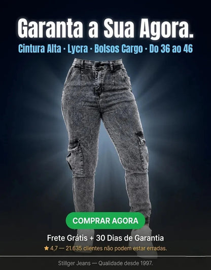 Calça Cargo Jogger Jeans Feminina Cintura Alta Com Lycra