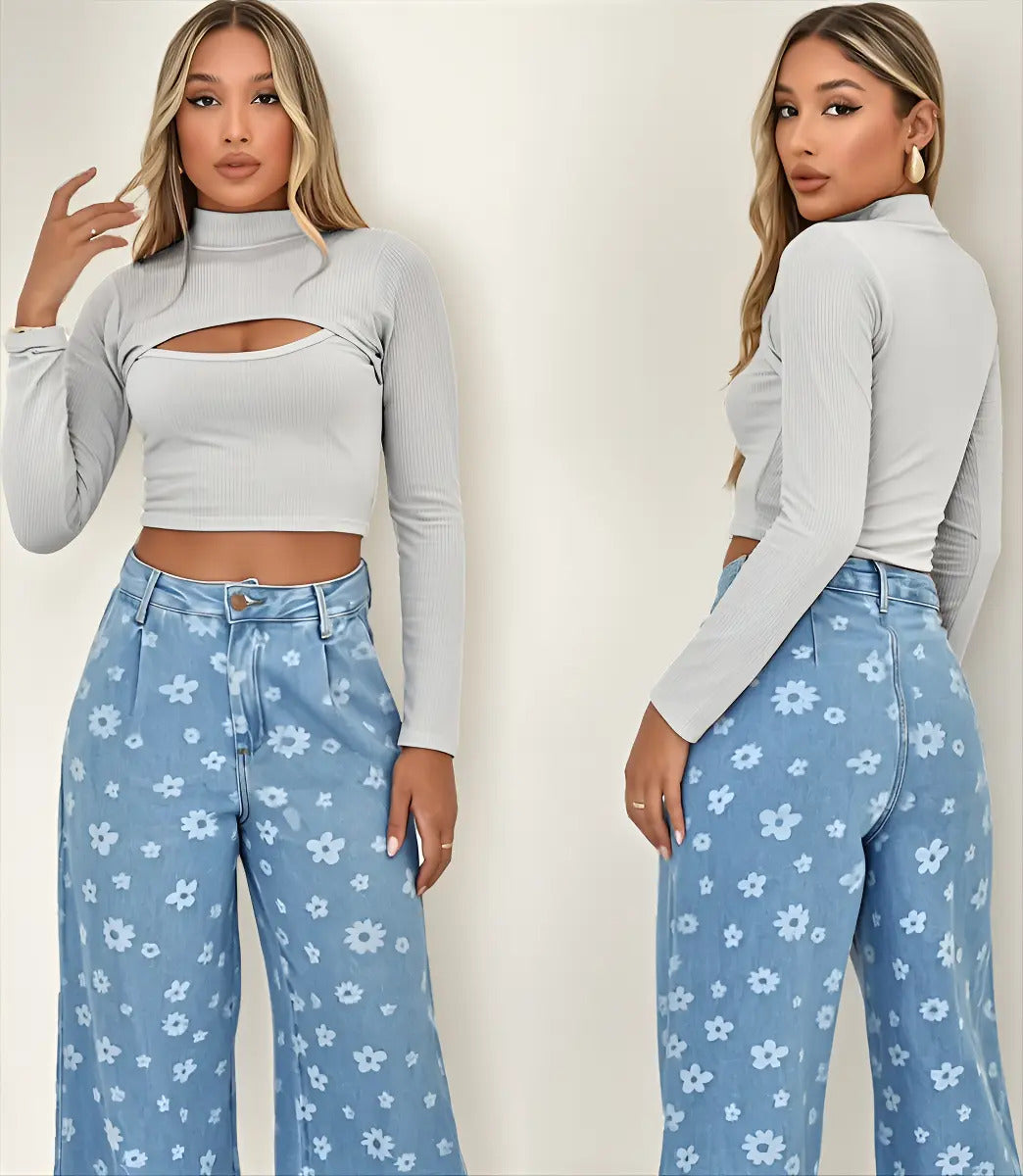 Cropped Gringa Manga Longa Blusinha Blogueira Gola Alta
