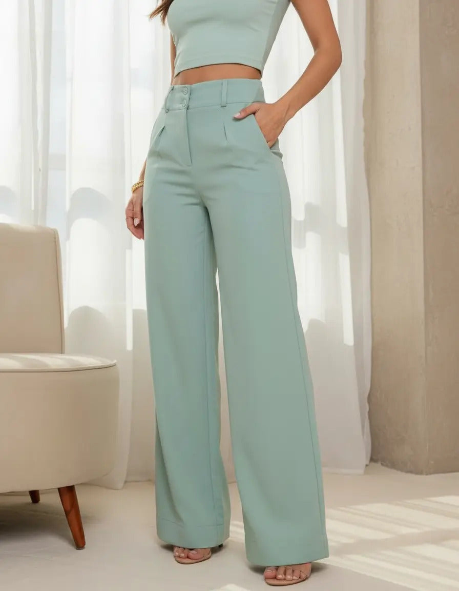 Calça Pantalona Alfaiataria Wide Leg Social Cintura Alta