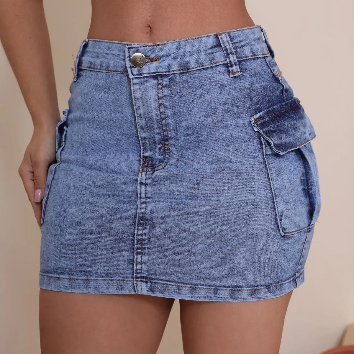 Saia Jeans Cargo Feminina Cintura Alta Com Lycra Stillger