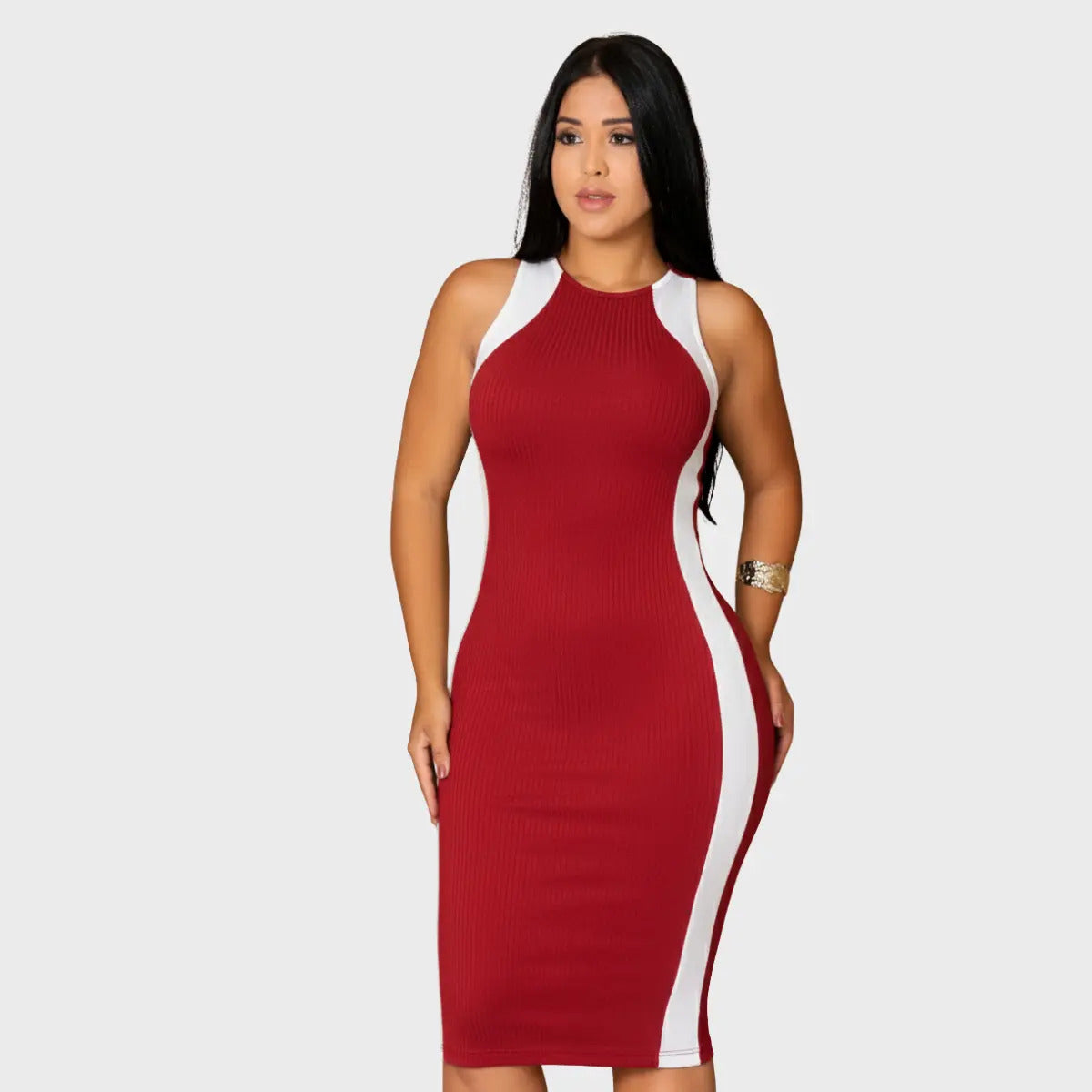 Vestido Canelado Midi Faixas Regata Casual Básico Modelador