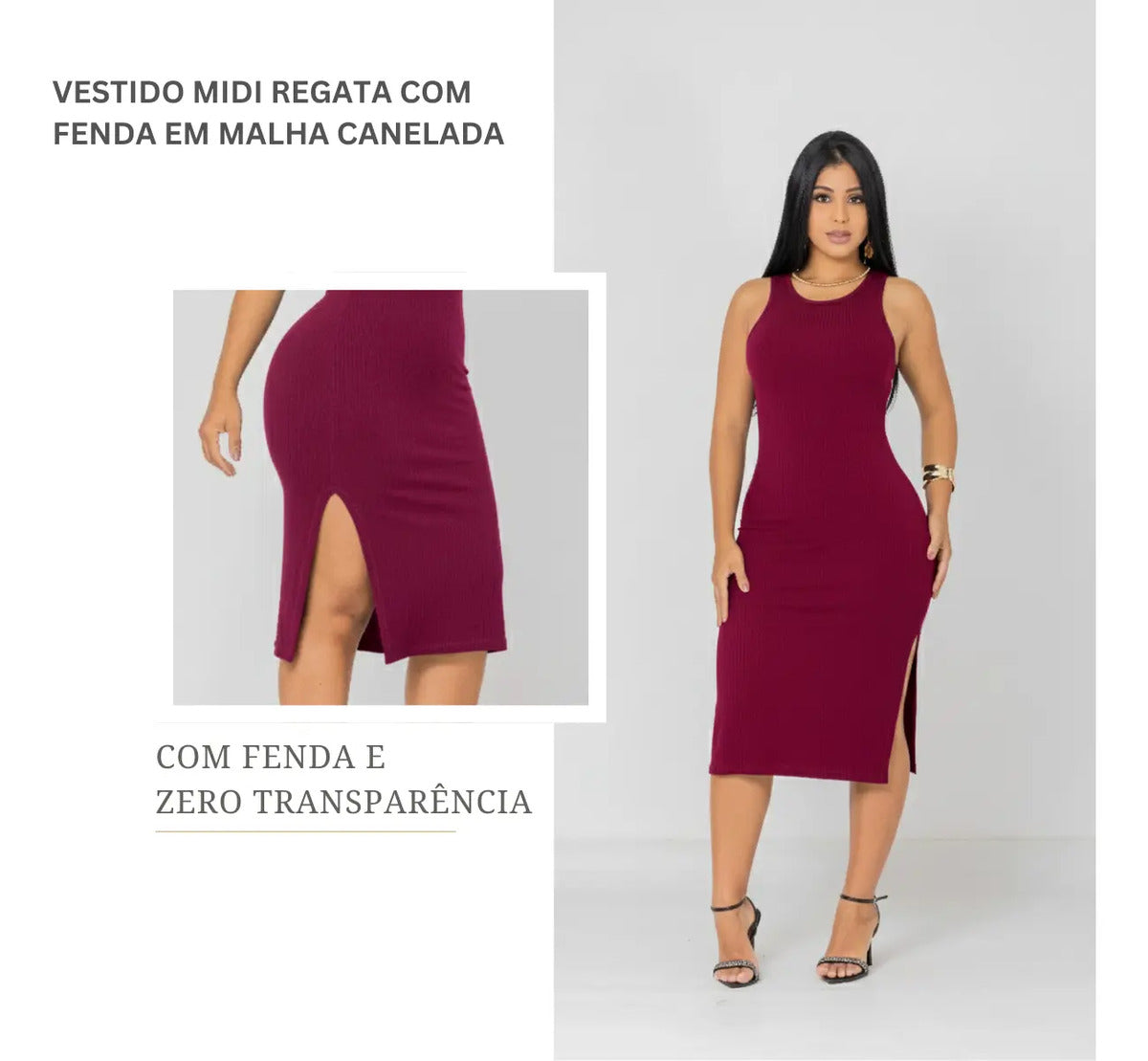 Vestido Canelado Midi Regata Com Fenda Zero Transparência