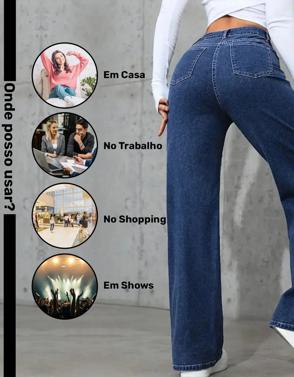 Calça Wide Leg Jeans Feminina Reta Perna Larga Empina Bumbum