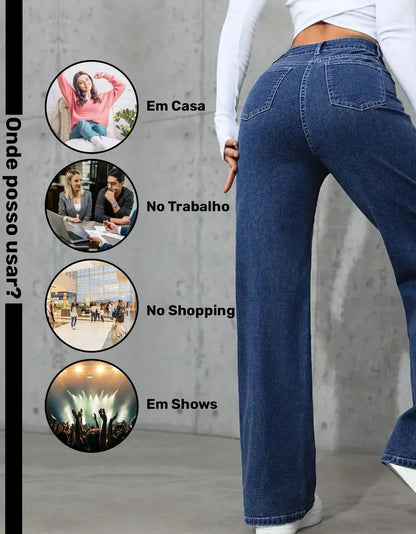 Calça Wide Leg Jeans Feminina Reta Perna Larga Empina Bumbum