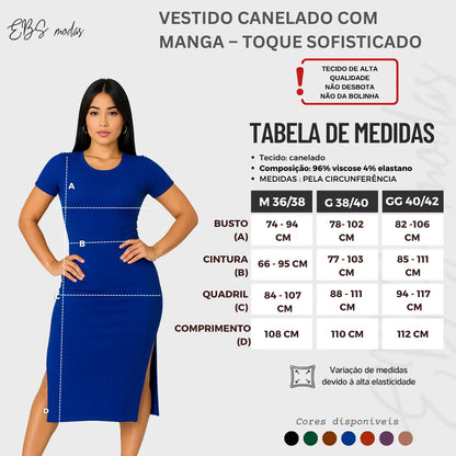 Vestido Canelado Midi Com Manga e Fenda Lateral Casual Básico