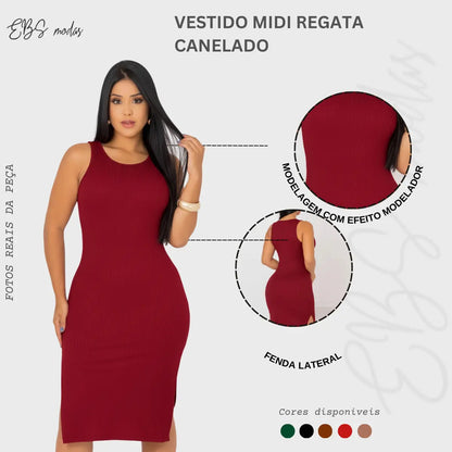 Vestido Canelado Midi Regata Com Fenda Zero Transparência