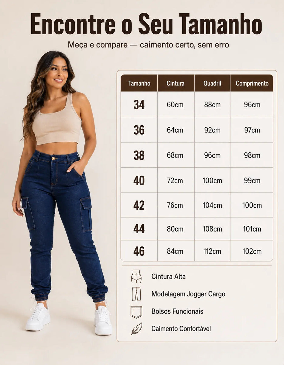 Calça Cargo Jogger Jeans Feminina Cintura Alta Com Lycra
