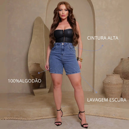 Bermuda Jeans Cintura Alta Feminina Com Estonado Na Lavagem