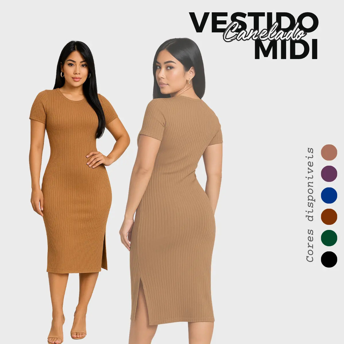 Vestido Canelado Midi Com Manga e Fenda Lateral Casual Básico