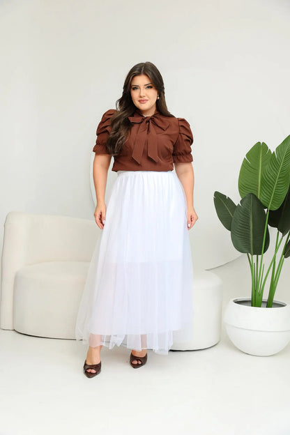 Blusa Emily Gola Laço Manga Curta Bufante