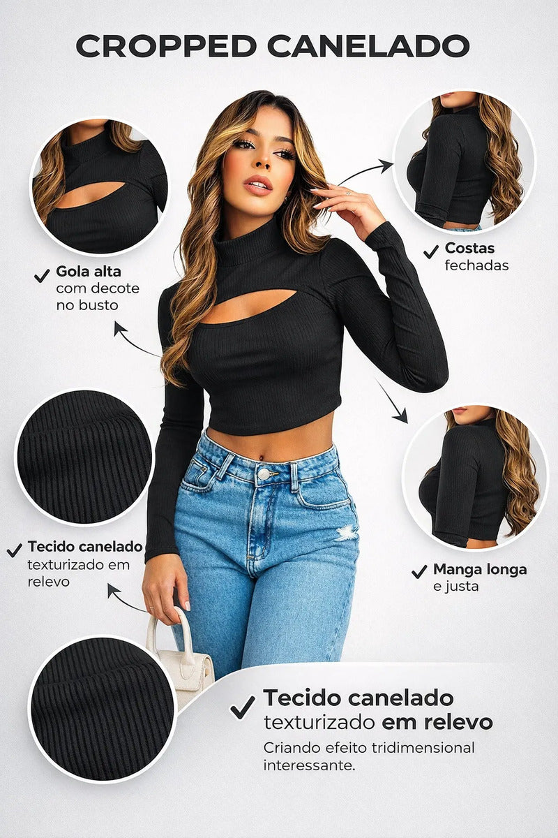 Cropped Gringa Manga Longa Blusinha Blogueira Gola Alta