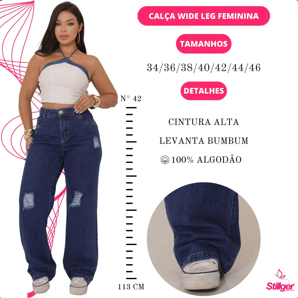 Calça Jeans Wide Leg Feminina Cintura Alta Sem Lycra Stillge
