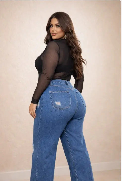 Calça Plus Size Jeans Feminina Wide Leg Levanta Bumbum