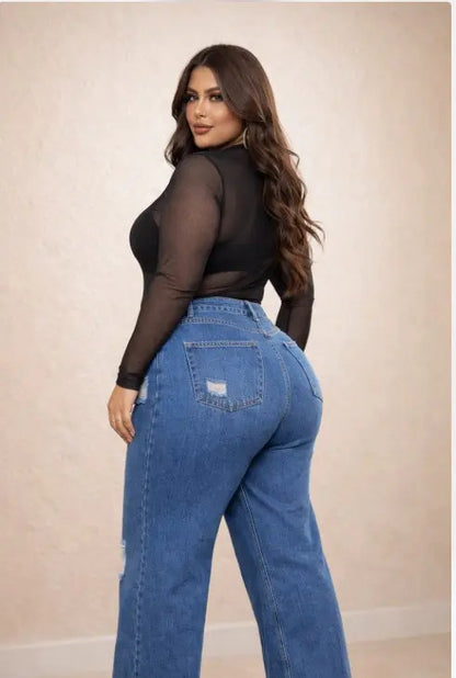 Calça Plus Size Jeans Feminina Wide Leg Levanta Bumbum
