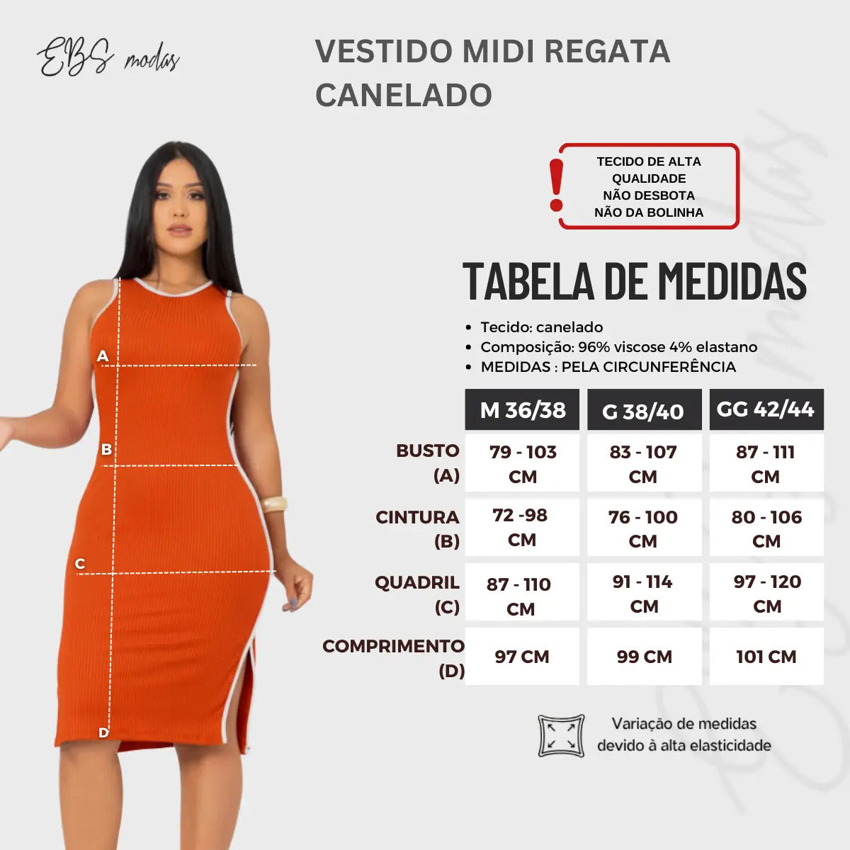 Vestido Midi Canelado Premium Regata Casual Básico Modelador