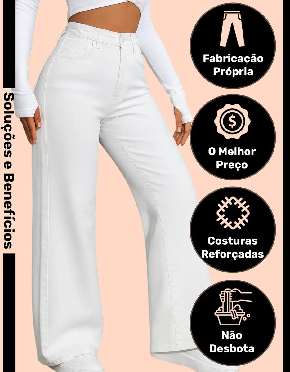 Calça Wide Leg Jeans Feminina Reta Perna Larga Empina Bumbum