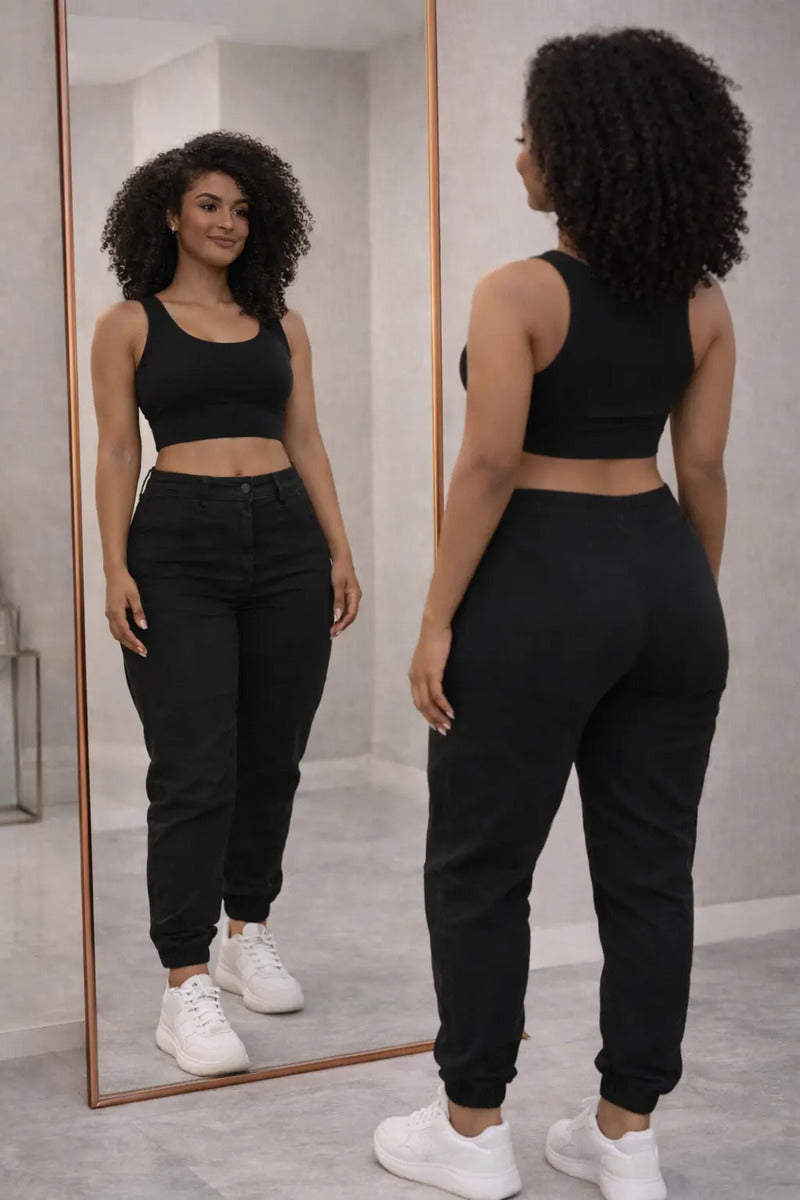 Calça Cargo Jogger Jeans Feminina Cintura Alta Com Lycra