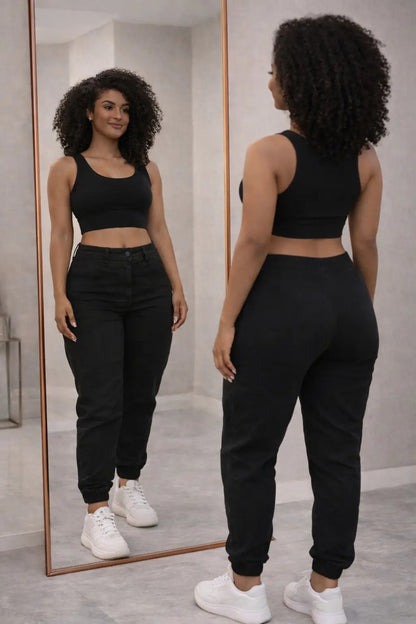 Calça Cargo Jogger Jeans Feminina Cintura Alta Com Lycra