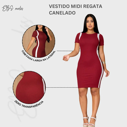 Vestido Canelado Curto Com Manga Casual Básico Modelador