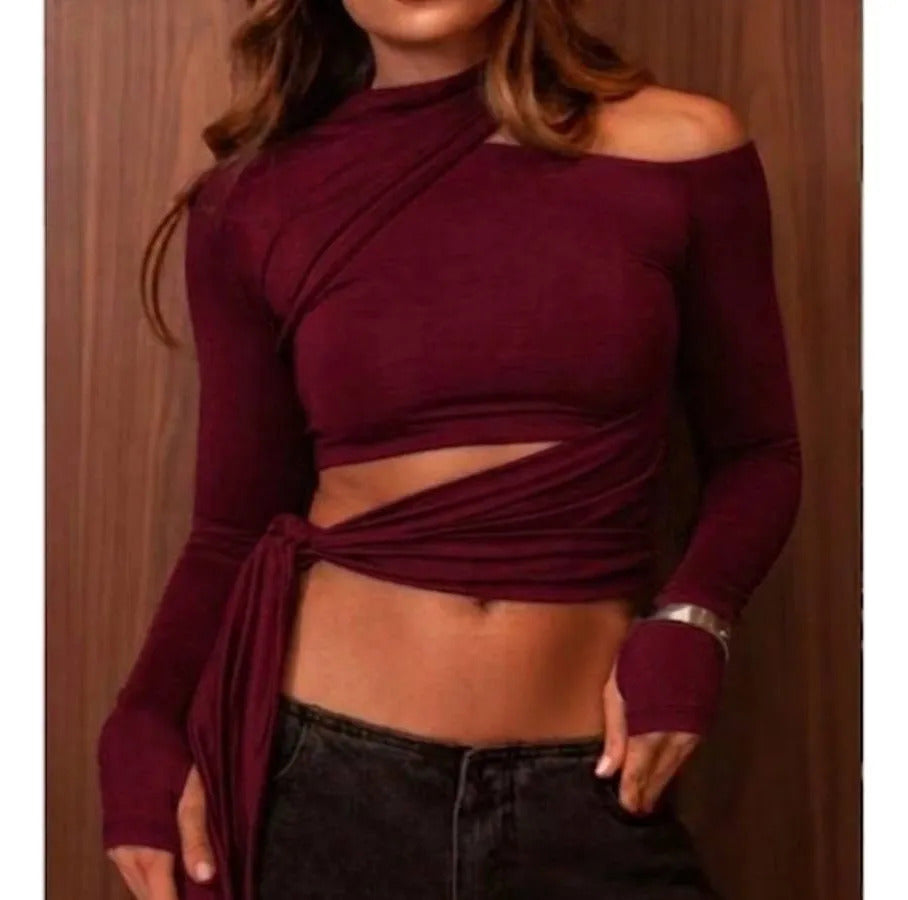 Blusa Cropped Feminina Manga Longa Ombrinho  Luvinha Amarrar