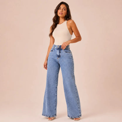 Calça Jeans Pantalona Wide Leg Feminina Cintura Alta Larga